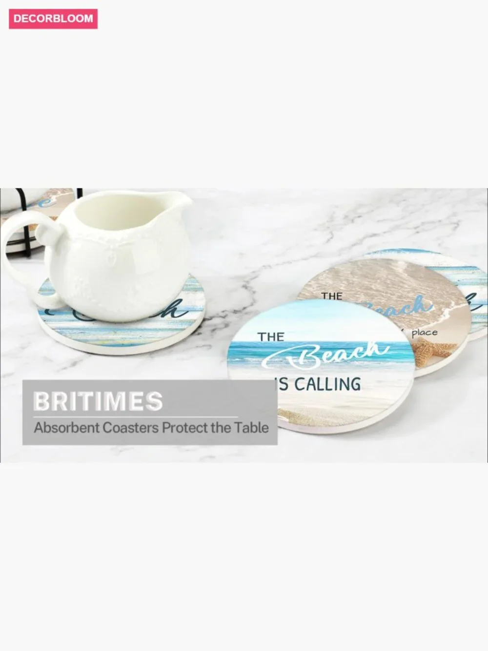 Coaster Set of 6 - Absorbent Stone with Cork Base and Metal Holder, Home Bar